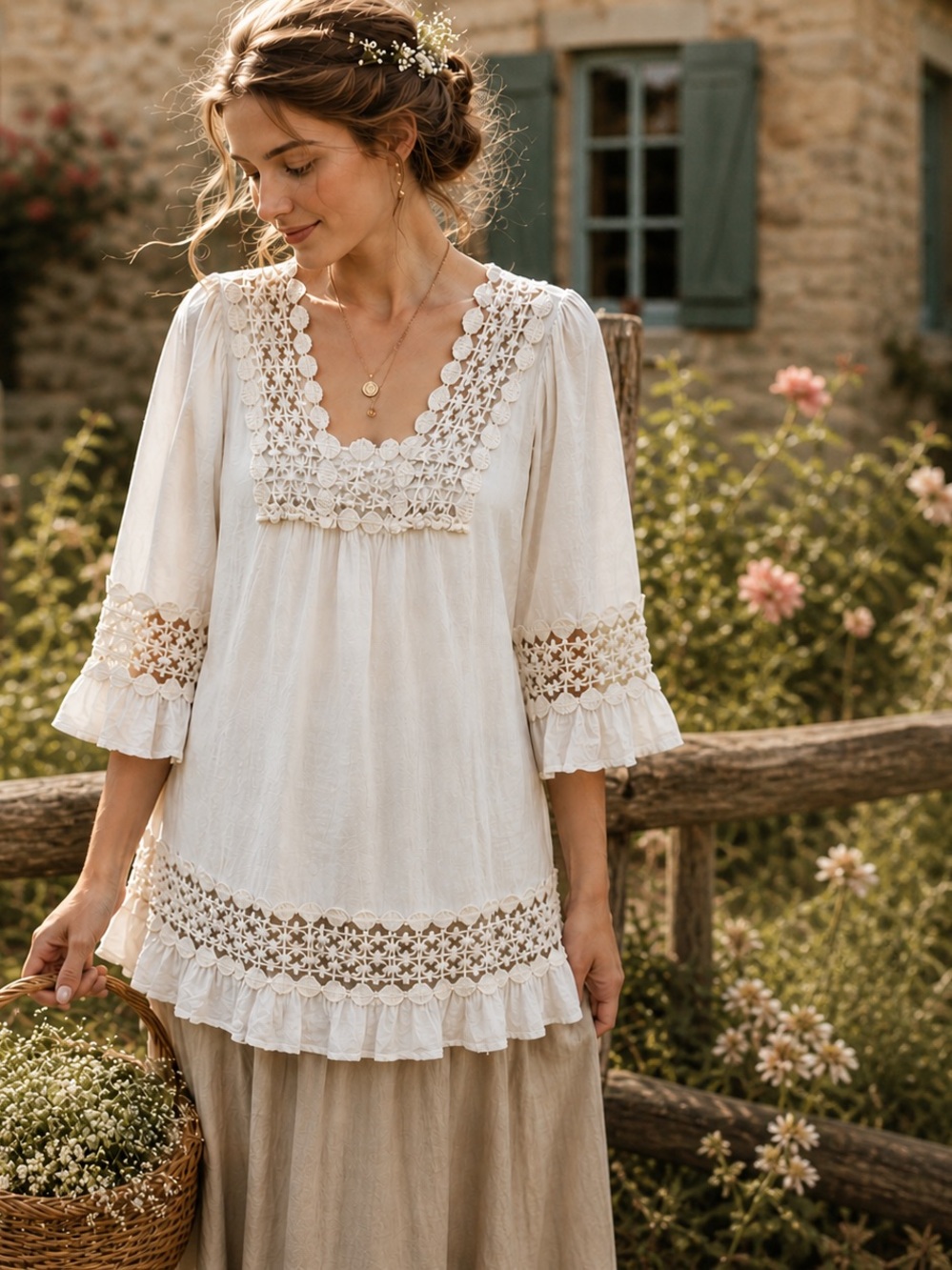 100% Cotton White Crochet Lace Boho Peasant Tunic Blouse